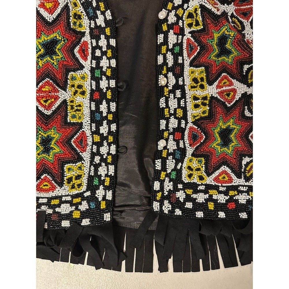 Vintage Hand Beaded Fringe Vest Silk Ivory Black Red Yellow Boho Festival S - Picture 4 of 6